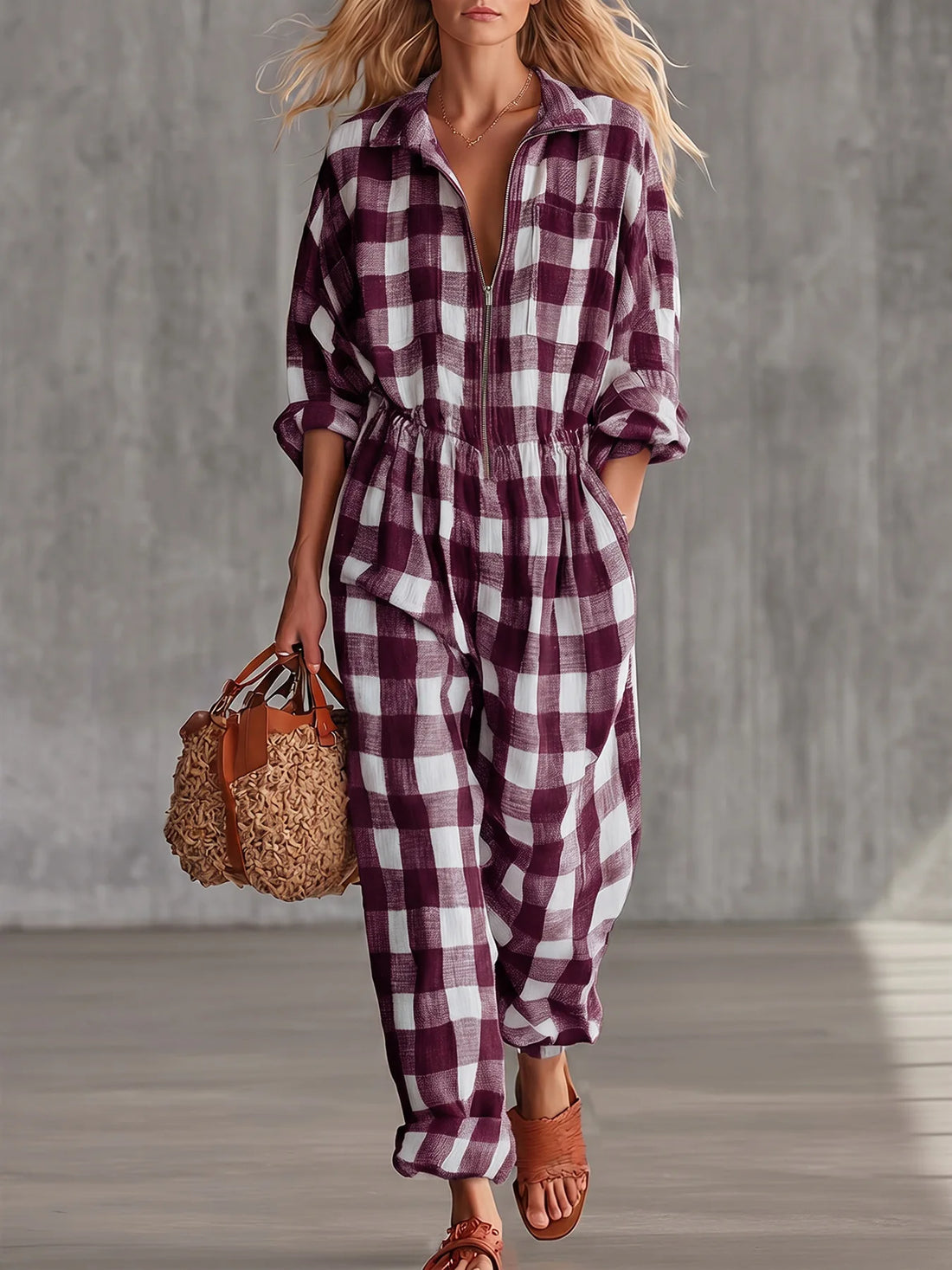 Women Plaid Jumpsuit Lapel Collar Zip Elastic Waist Loose Long Jumpsuits Ladies Casual Checkered Holiday Overalls With Pockets
