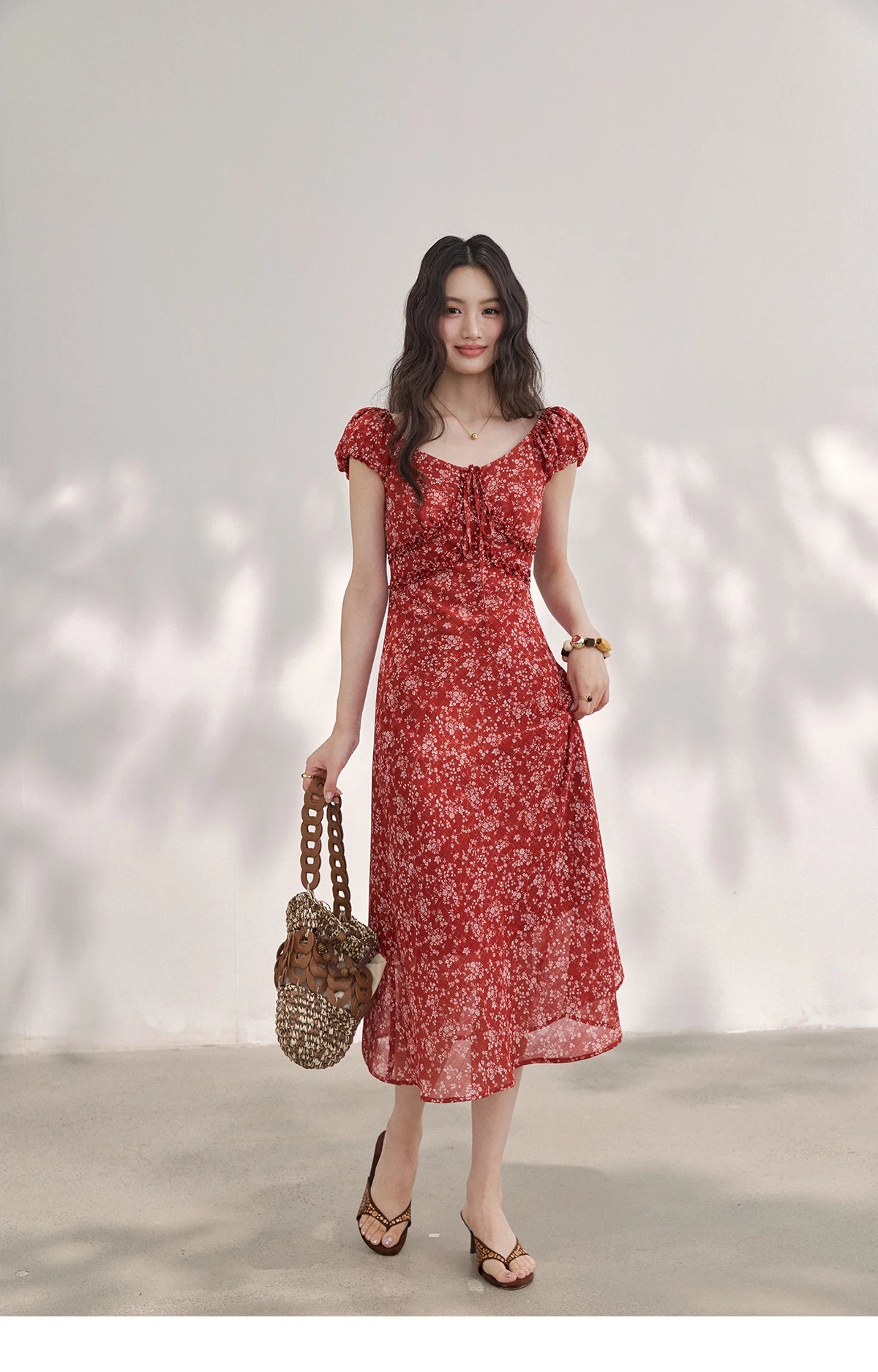 Red Floral Chiffon Square Neck Midi Dress