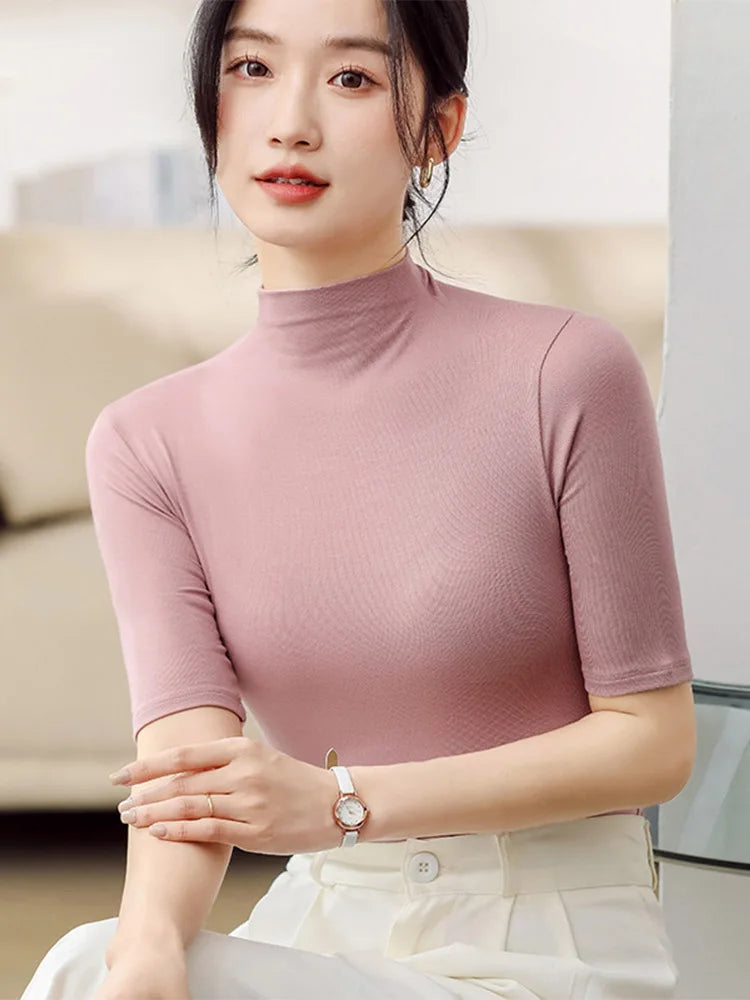Half Turtleneck Short Sleeve Slim Top