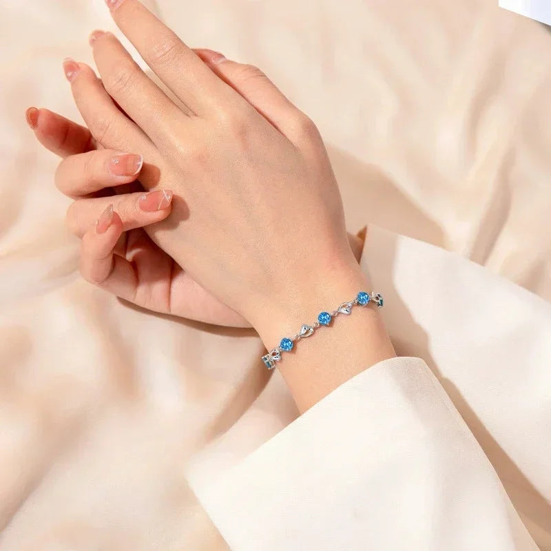 Sterling Silver Blue Crystal Heart Bracelet