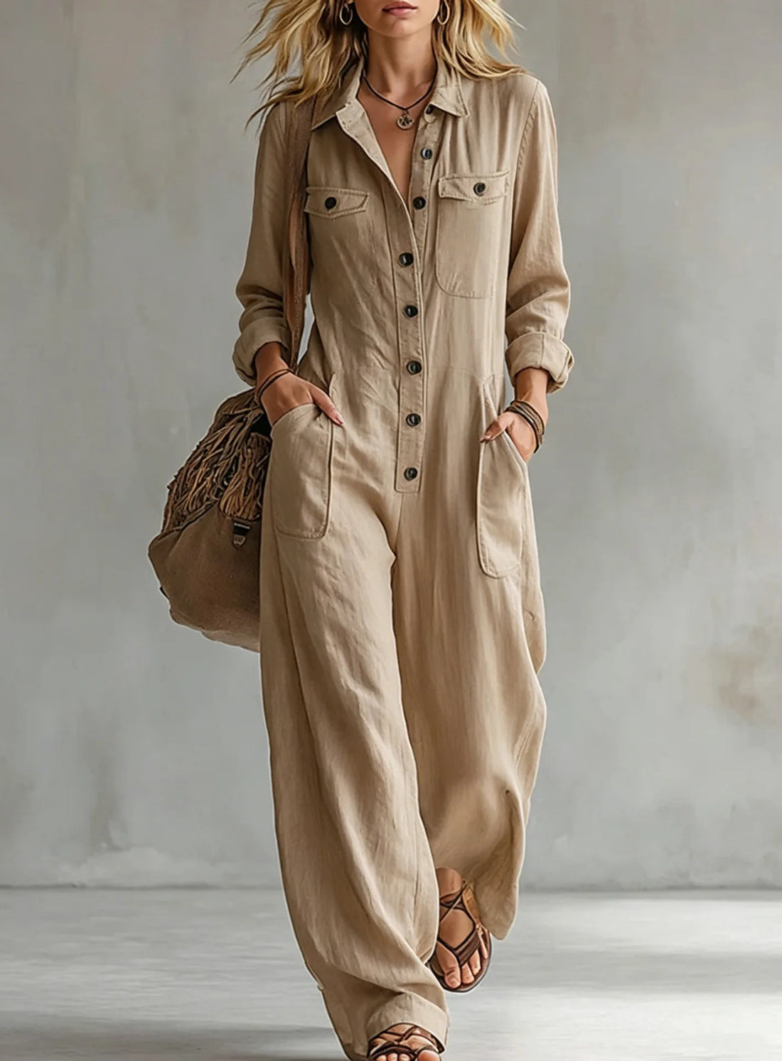 Lapel Collar Wide Leg Jumpsuit with Pockets
