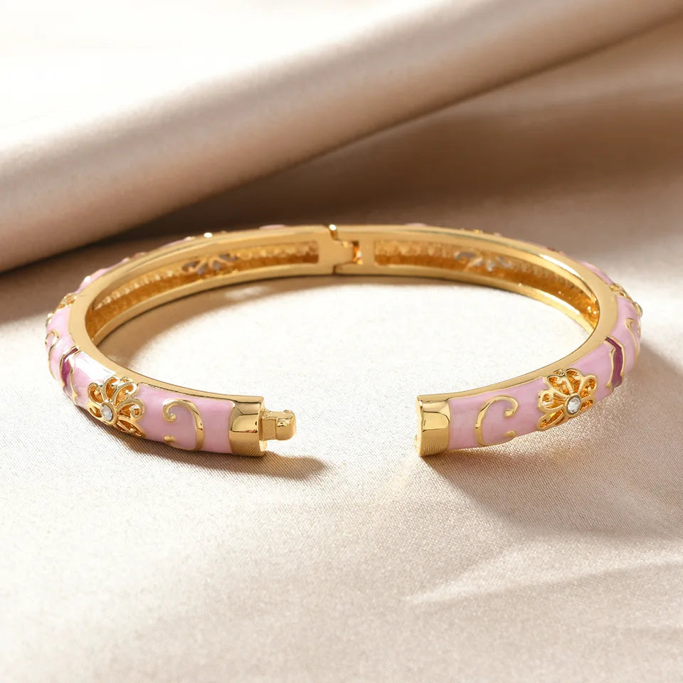 Enamel Flower Zircon Cuff Bangle
