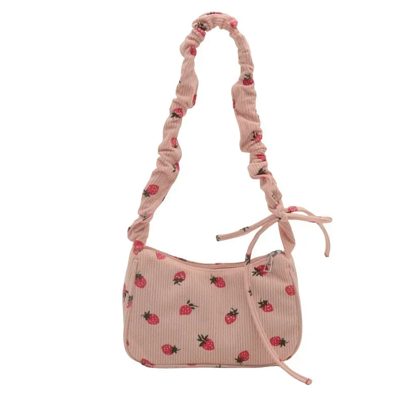 Strawberry Corduroy Half Moon Shoulder Bag