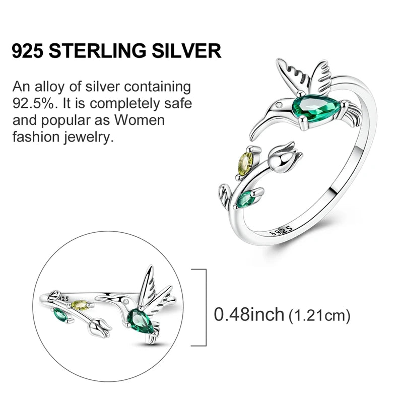 Sterling Silver Clover and Hummingbird Open Ring