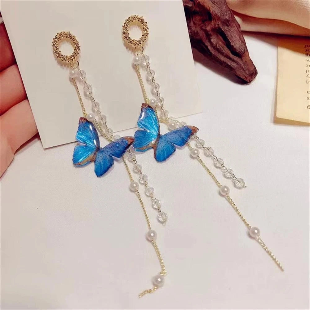 Pearl and Zircon Butterfly Tassel Earrings