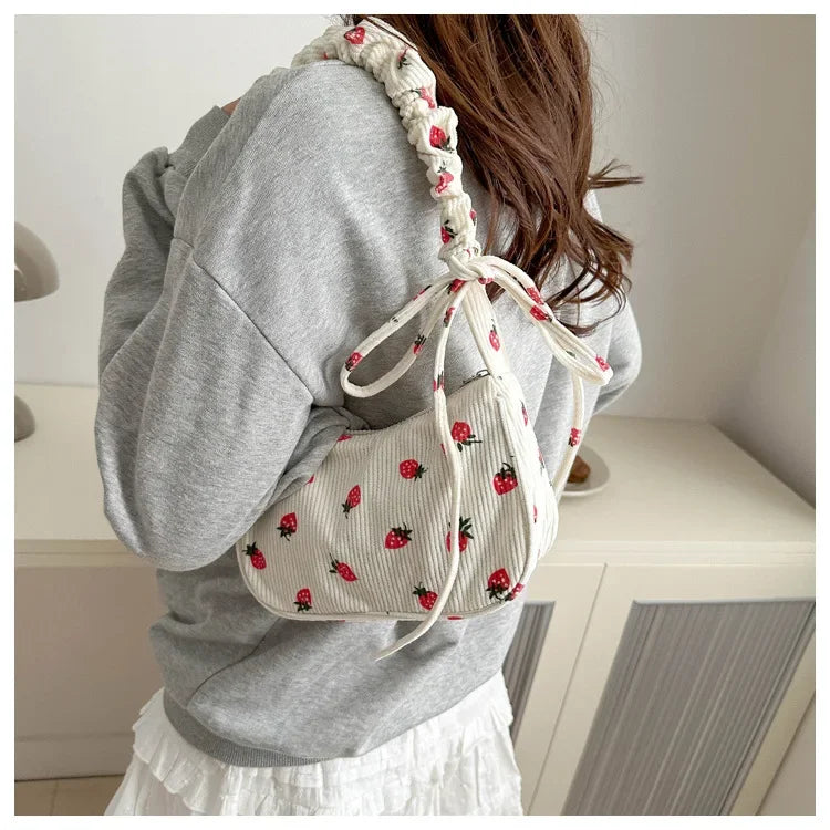 Strawberry Corduroy Half Moon Shoulder Bag