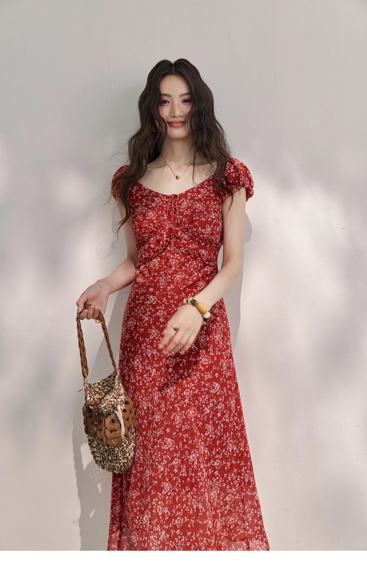 Red Floral Chiffon Square Neck Midi Dress