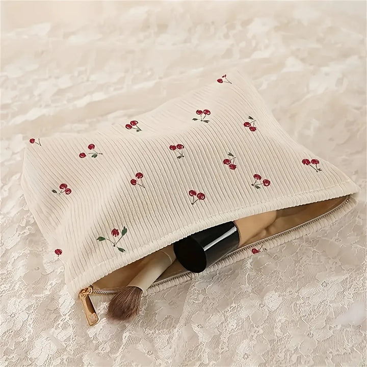 Cherry Print Corduroy Makeup Pouch