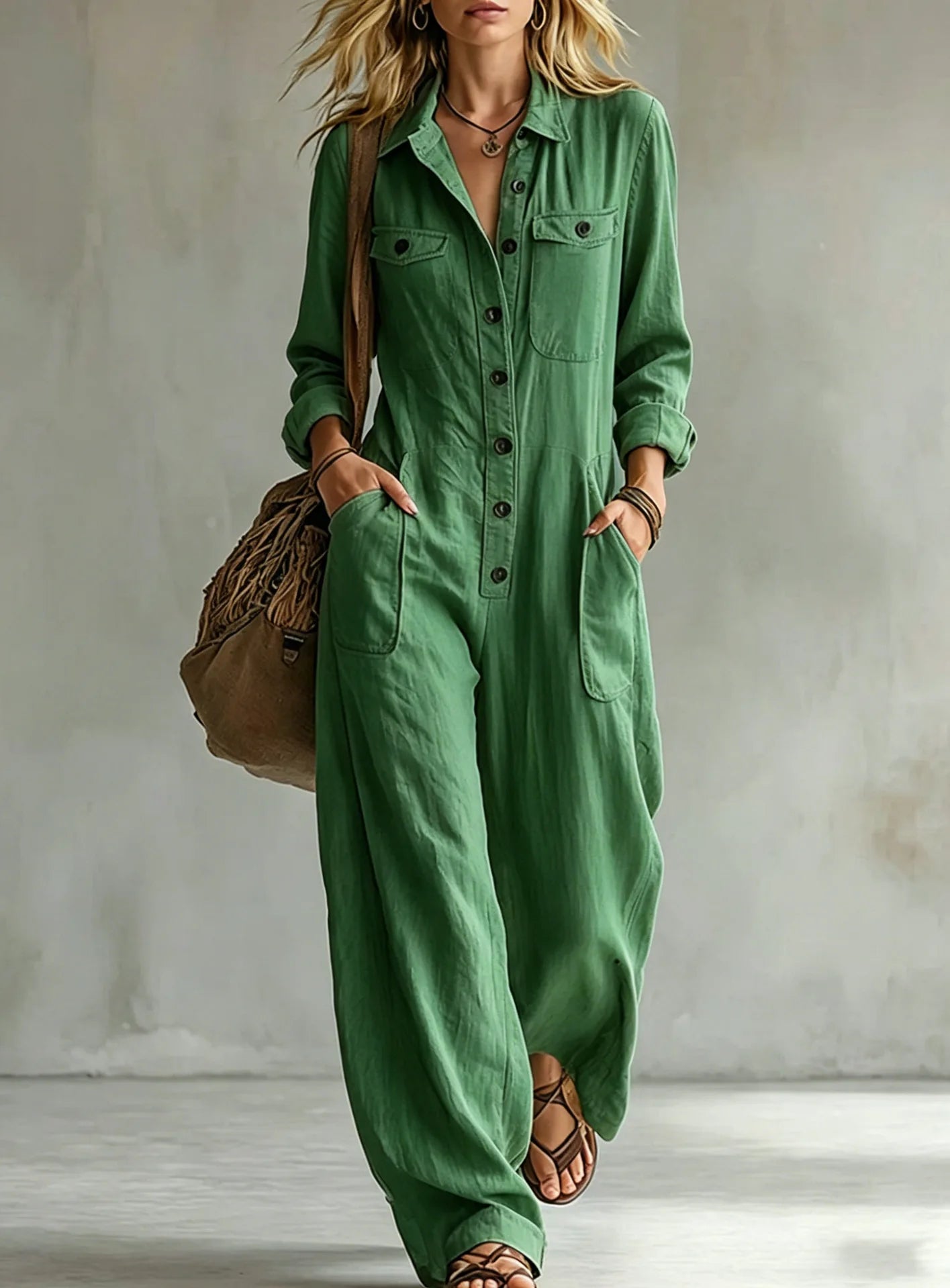 Lapel Collar Wide Leg Jumpsuit with Pockets