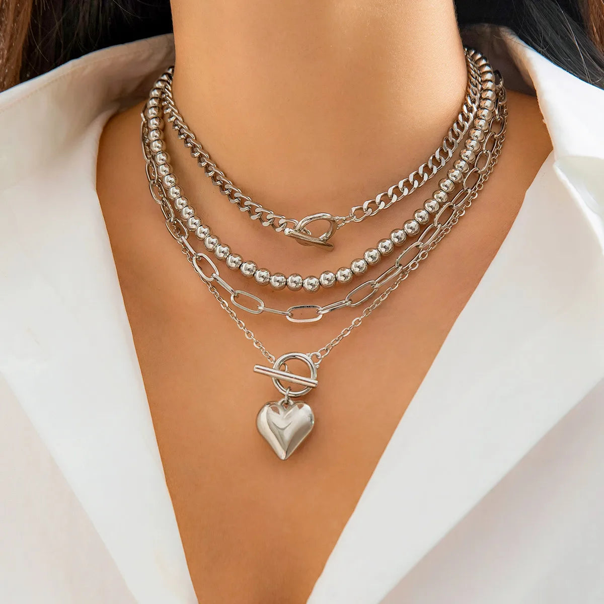 Gold Heart Pendant Layering Necklace Set of 4
