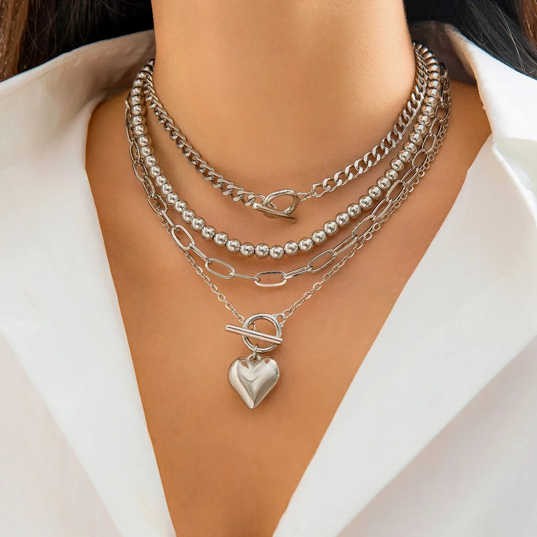 Gold Heart Pendant Layering Necklace Set of 4