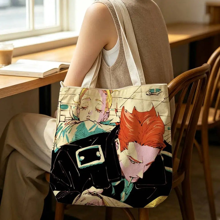 Printed Canvas Zip Shoulder Tote Bag