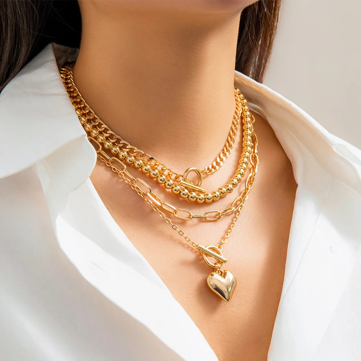 Gold Heart Pendant Layering Necklace Set of 4