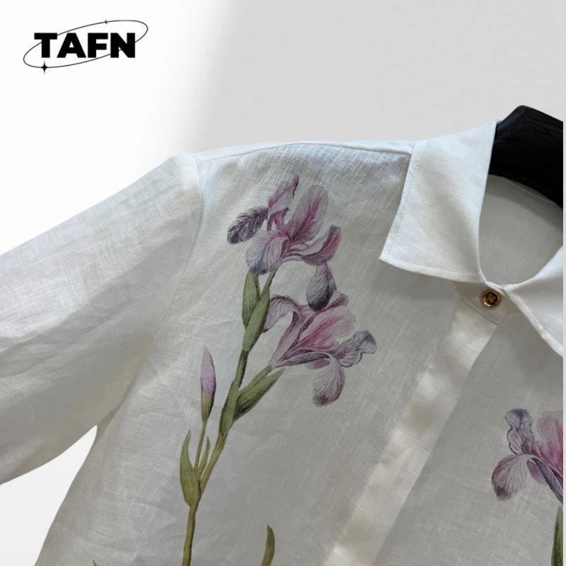 Floral Puff Sleeve Linen Blend Blouse
