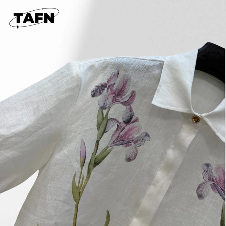 Floral Puff Sleeve Linen Blend Blouse