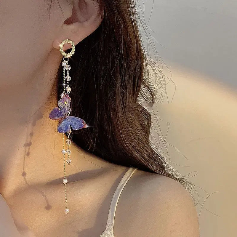 Pearl and Zircon Butterfly Tassel Earrings