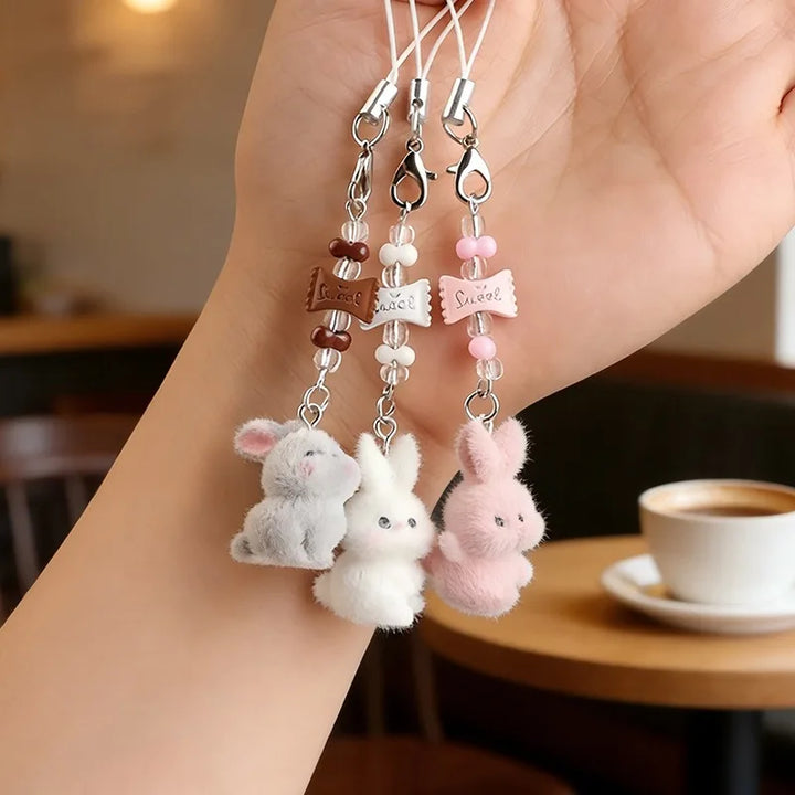 Flocked Rabbit Beaded Bag Charm Keyring
