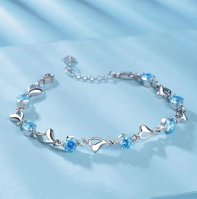 Sterling Silver Blue Crystal Heart Bracelet