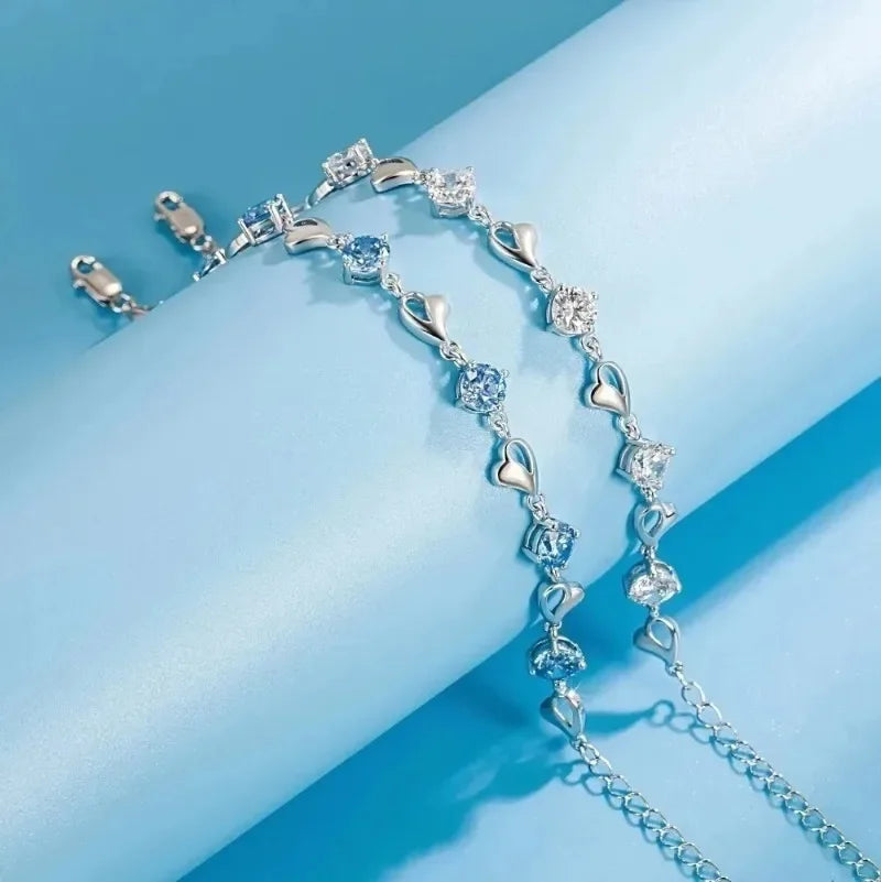 Sterling Silver Blue Crystal Heart Bracelet