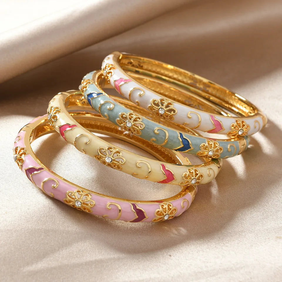 Enamel Flower Zircon Cuff Bangle