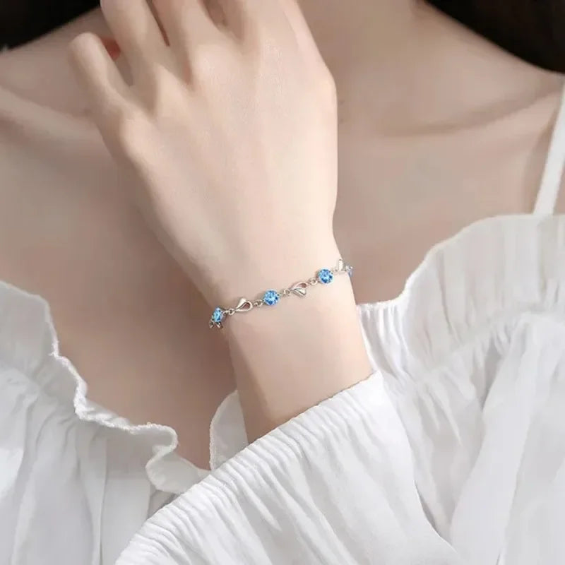 Sterling Silver Blue Crystal Heart Bracelet