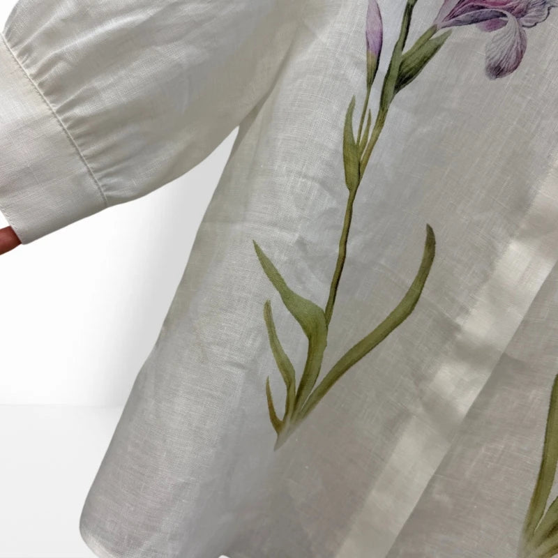Floral Puff Sleeve Linen Blend Blouse