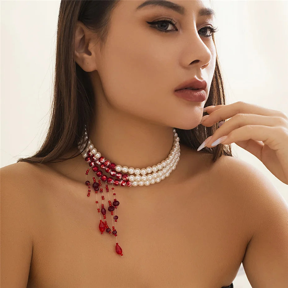 Gothic Pearl and Crystal Tassel Necklace