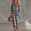 Women Plaid Jumpsuit Lapel Collar Zip Elastic Waist Loose Long Jumpsuits Ladies Casual Checkered Holiday Overalls With Pockets