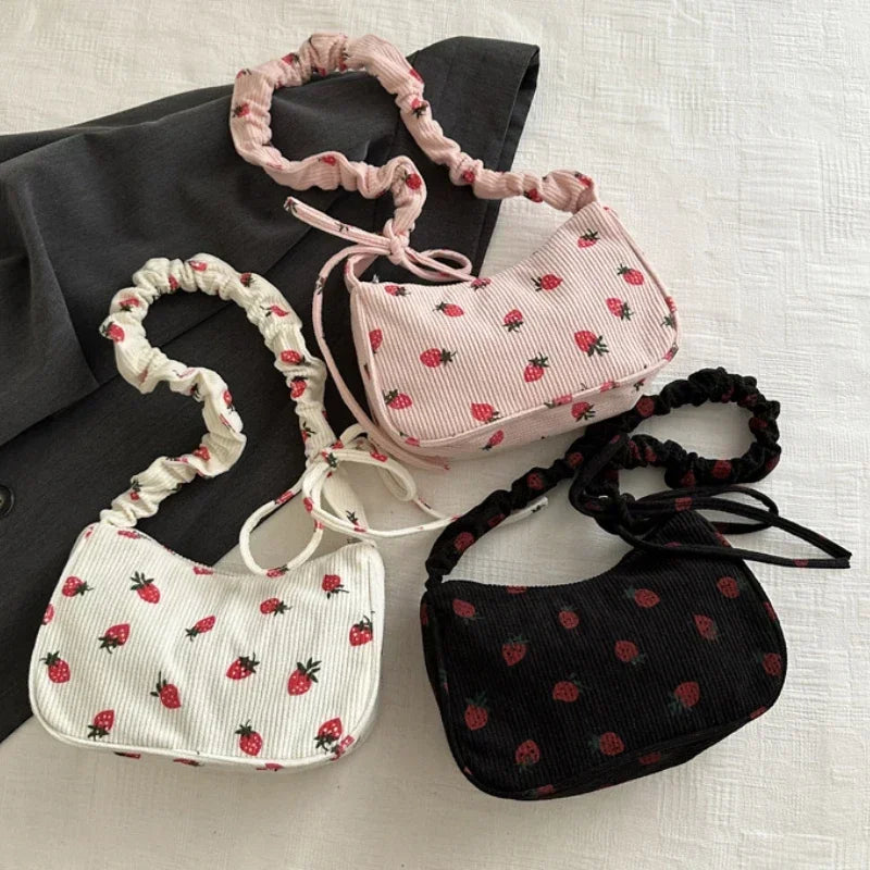 Strawberry Corduroy Half Moon Shoulder Bag
