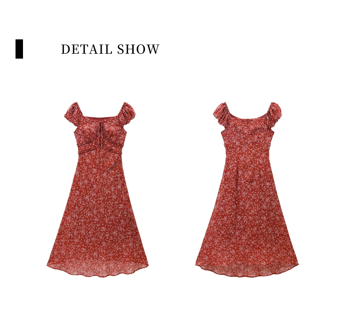 Red Floral Chiffon Square Neck Midi Dress