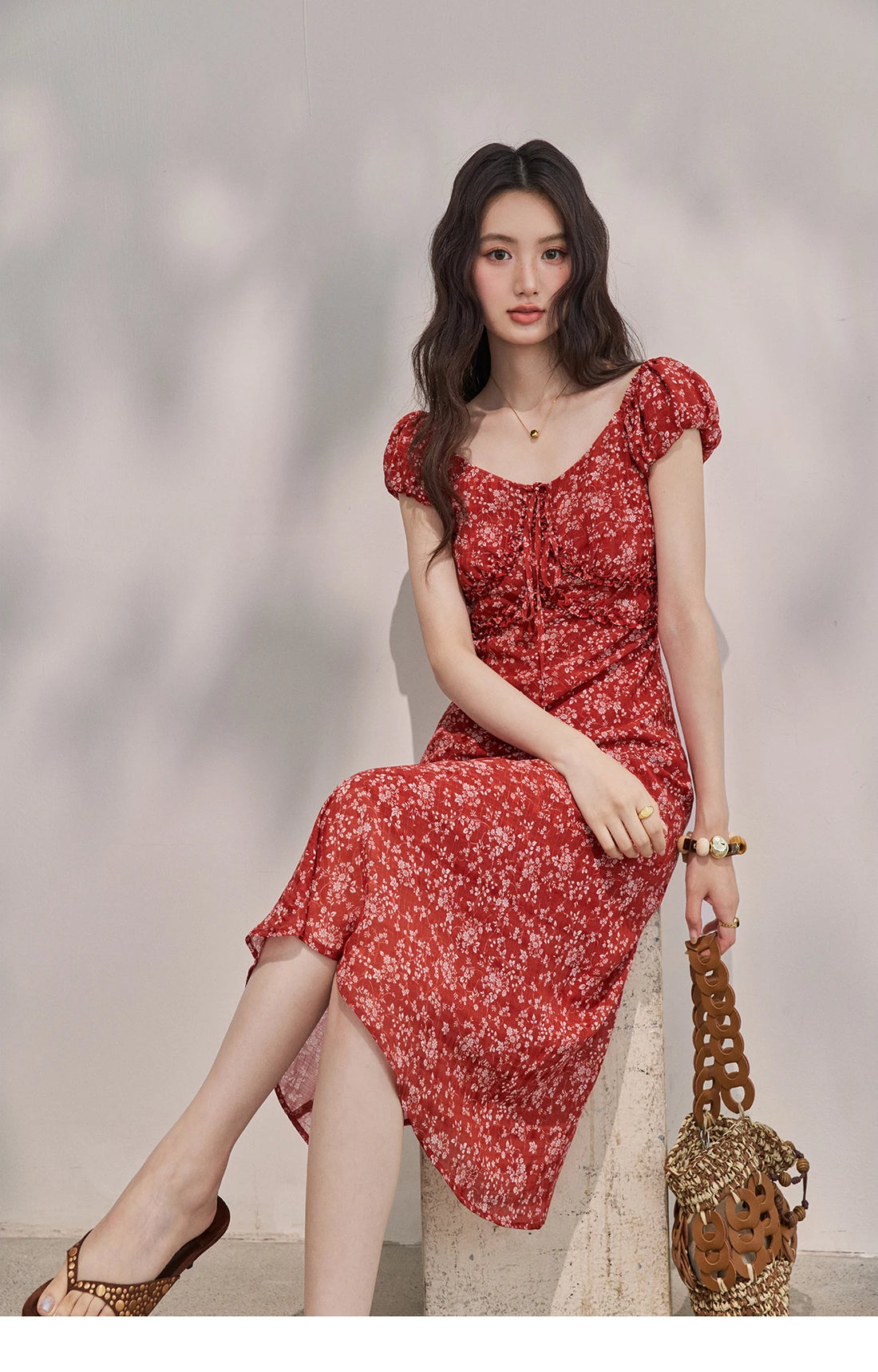 Red Floral Chiffon Square Neck Midi Dress