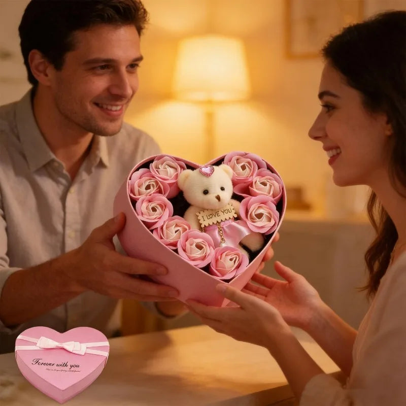 Artificial Rose and Teddy Bear Gift Box