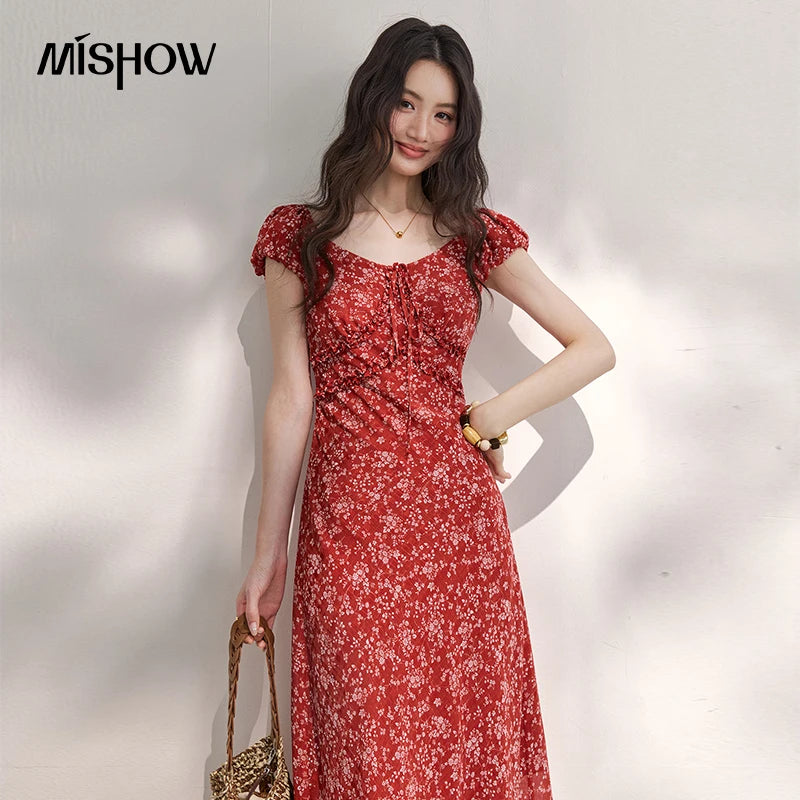 Red Floral Chiffon Square Neck Midi Dress