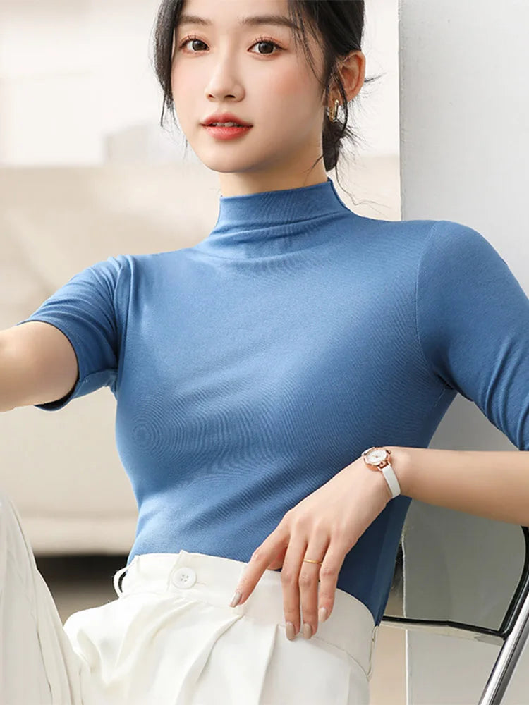 Half Turtleneck Short Sleeve Slim Top