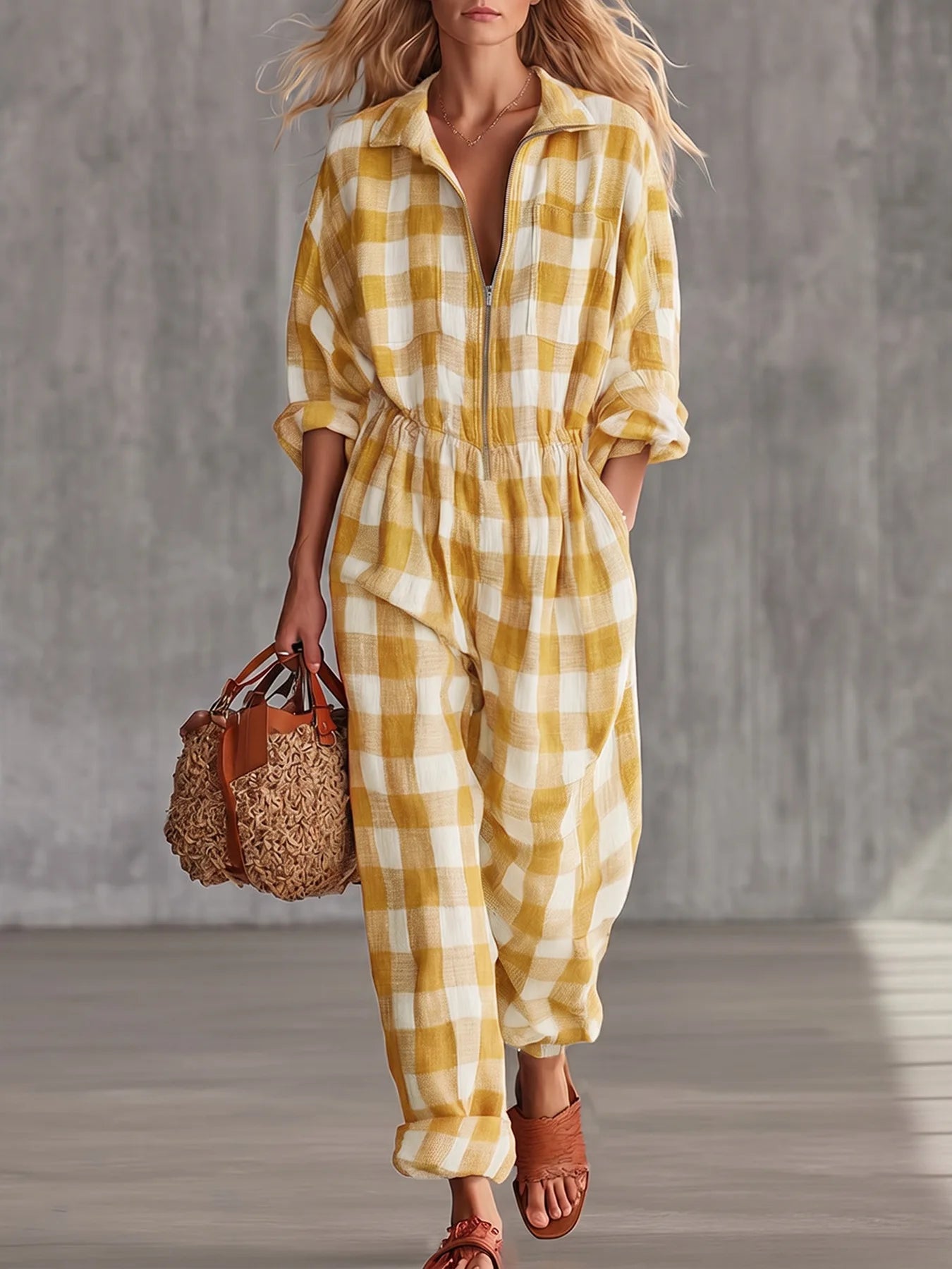 Women Plaid Jumpsuit Lapel Collar Zip Elastic Waist Loose Long Jumpsuits Ladies Casual Checkered Holiday Overalls With Pockets