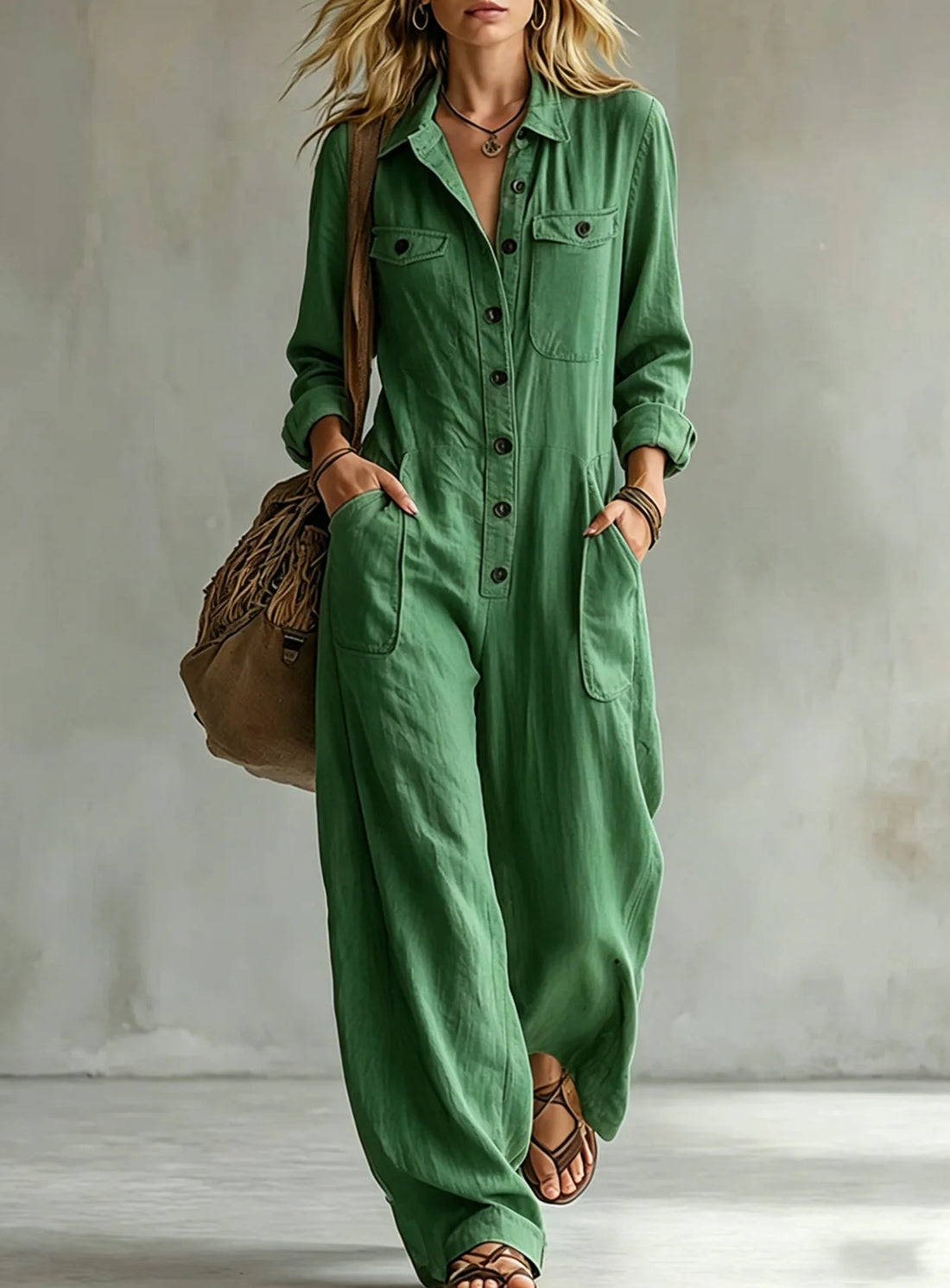 Lapel Collar Wide Leg Jumpsuit with Pockets