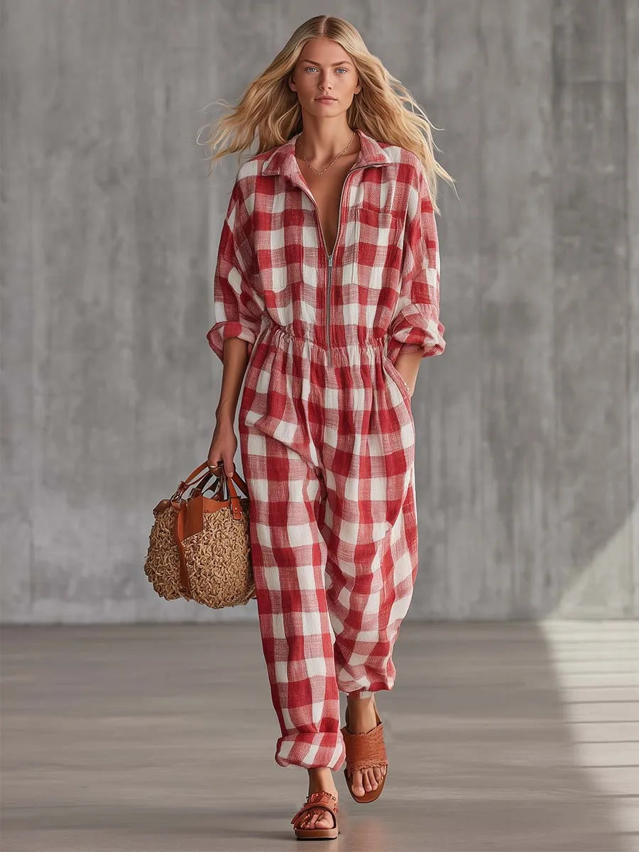 Women Plaid Jumpsuit Lapel Collar Zip Elastic Waist Loose Long Jumpsuits Ladies Casual Checkered Holiday Overalls With Pockets