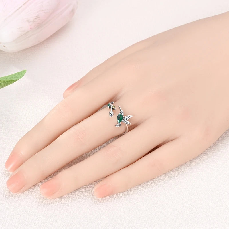 Sterling Silver Clover and Hummingbird Open Ring
