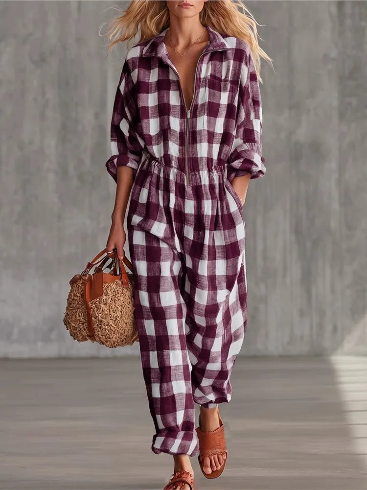 Women Plaid Jumpsuit Lapel Collar Zip Elastic Waist Loose Long Jumpsuits Ladies Casual Checkered Holiday Overalls With Pockets