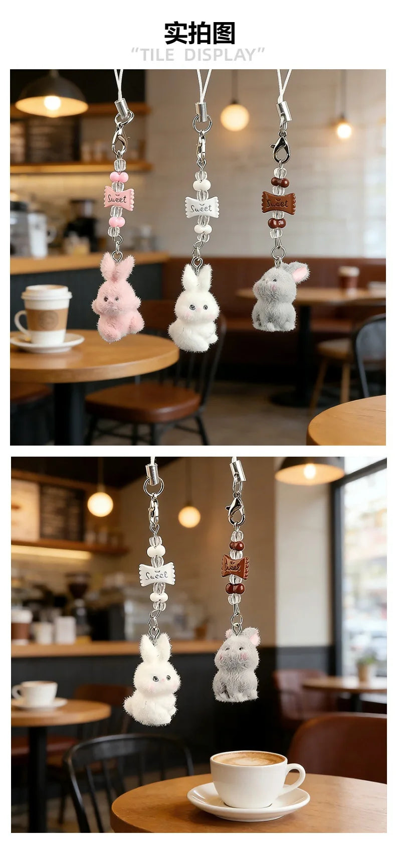 Flocked Rabbit Beaded Bag Charm Keyring