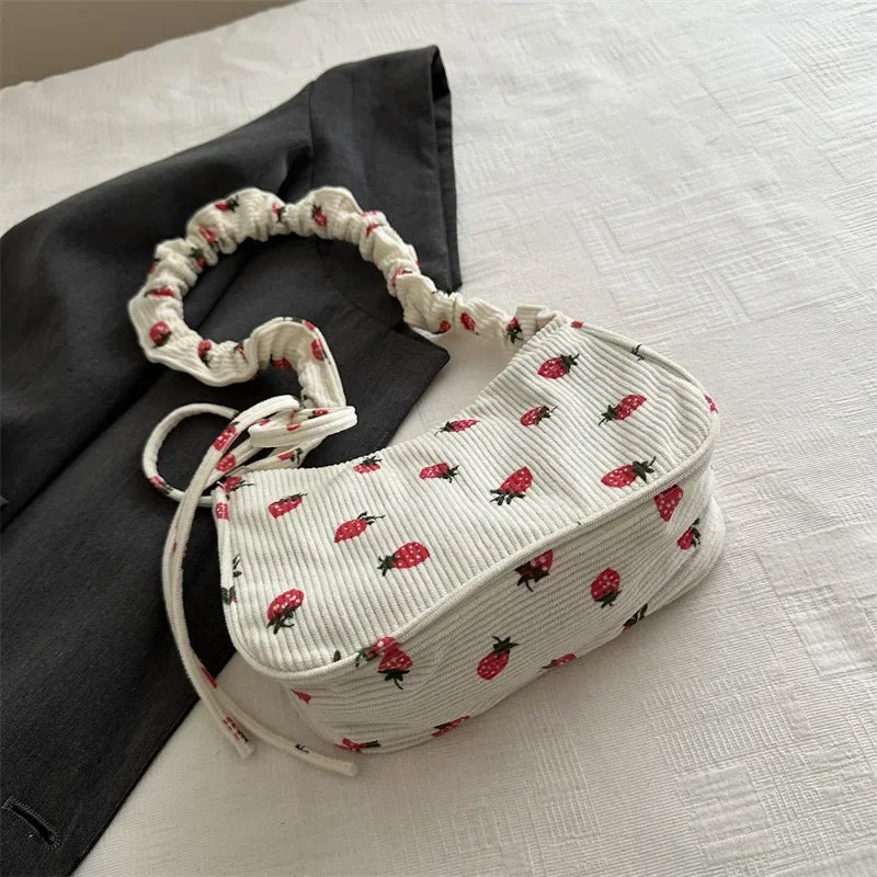 Strawberry Corduroy Half Moon Shoulder Bag