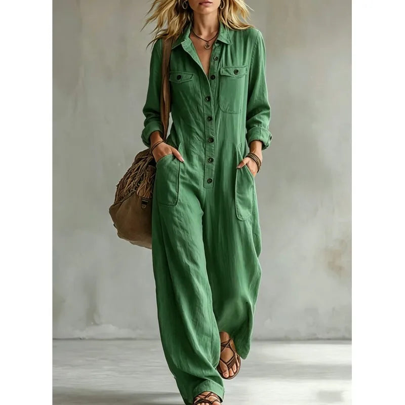 Lapel Collar Wide Leg Jumpsuit with Pockets