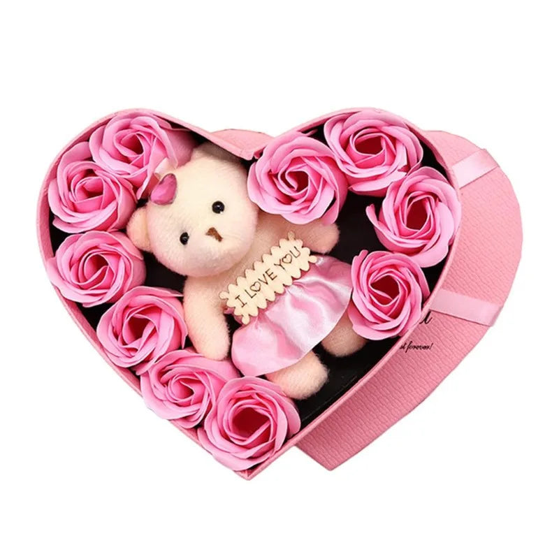 Artificial Rose and Teddy Bear Gift Box