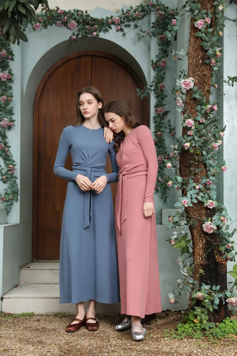 Ribbed Wrap Top and A Line Dress Set
