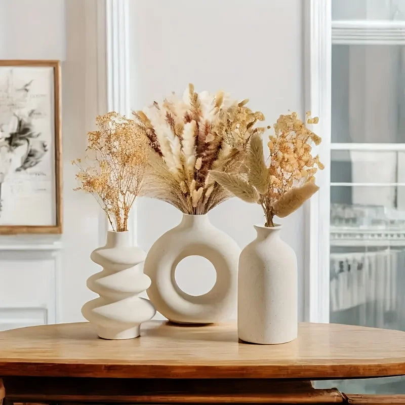 White Ceramic Bohemian Vase Set of 3