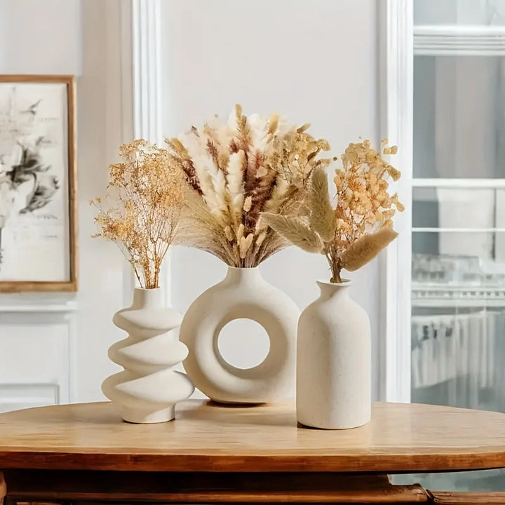 White Ceramic Bohemian Vase Set of 3