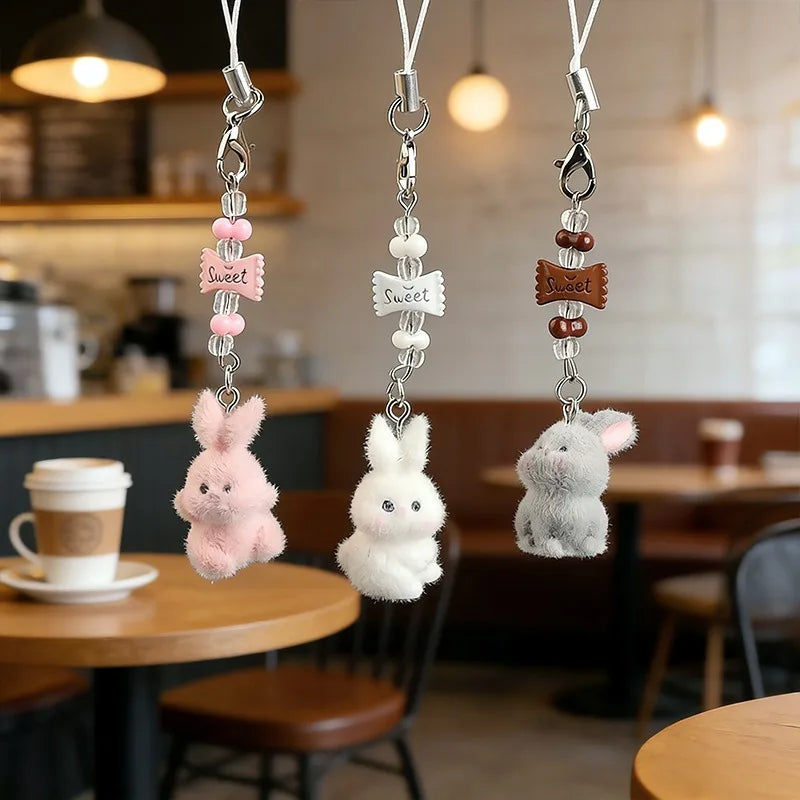 Flocked Rabbit Beaded Bag Charm Keyring