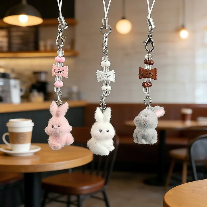 Flocked Rabbit Beaded Bag Charm Keyring