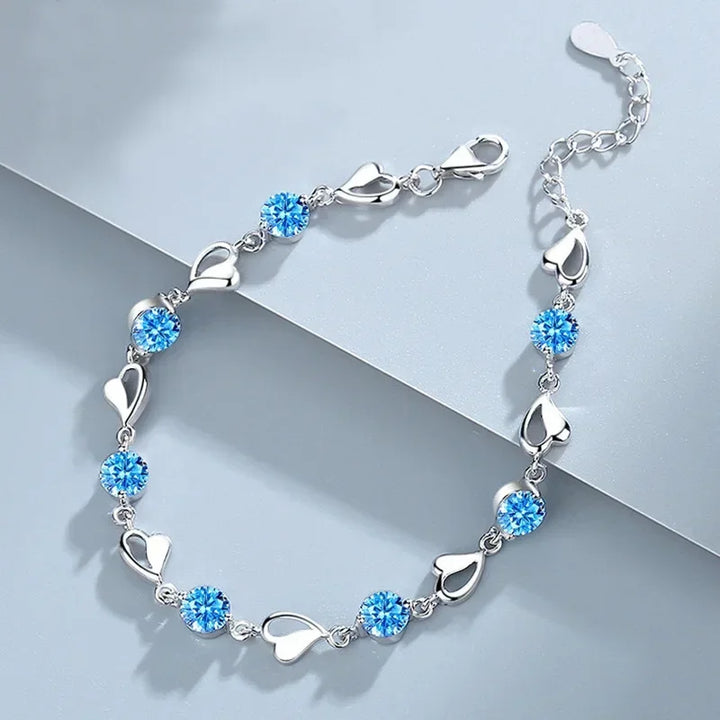 Sterling Silver Blue Crystal Heart Bracelet