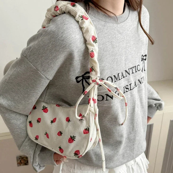 Strawberry Corduroy Half Moon Shoulder Bag